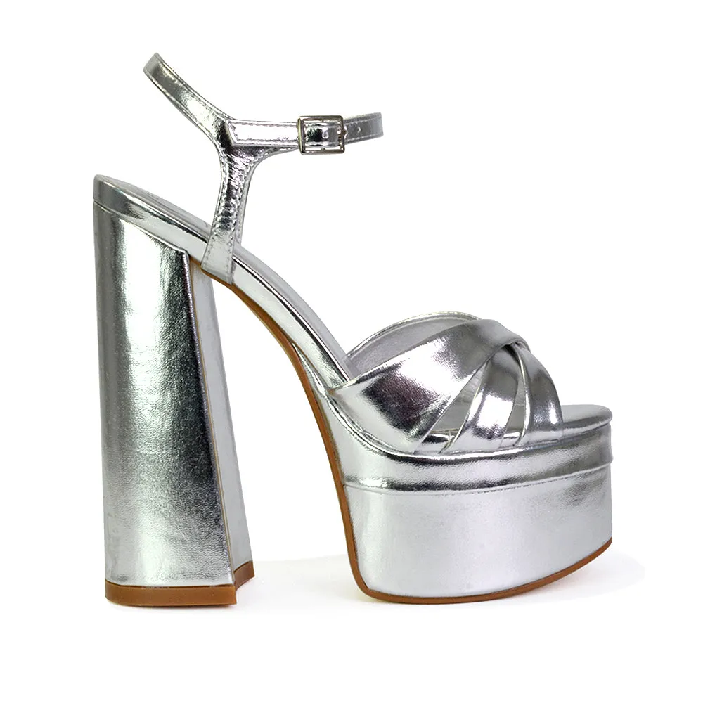 Anya Strappy Chunky Super High Block Heel Platform Shoes in Silver