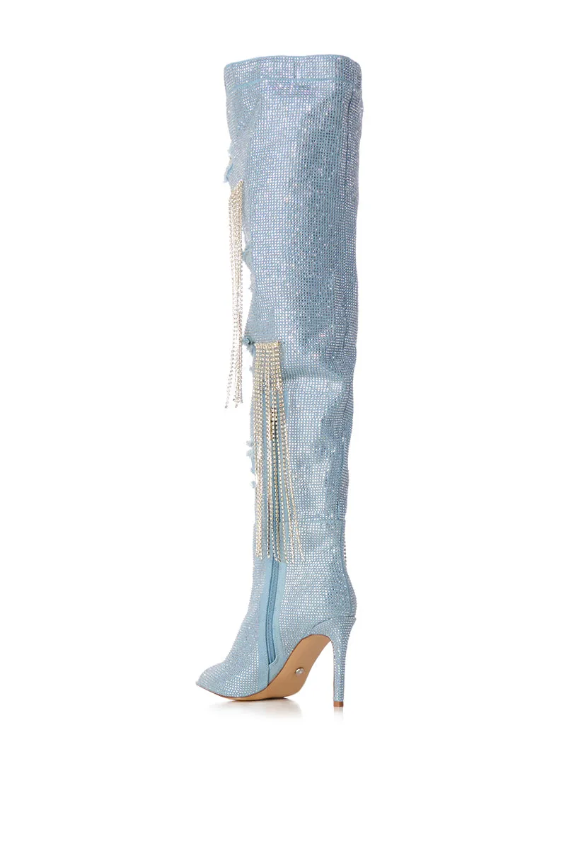 AZALEA WANG MADILYN RHINESTONE DENIM PEEP TOE BOOT