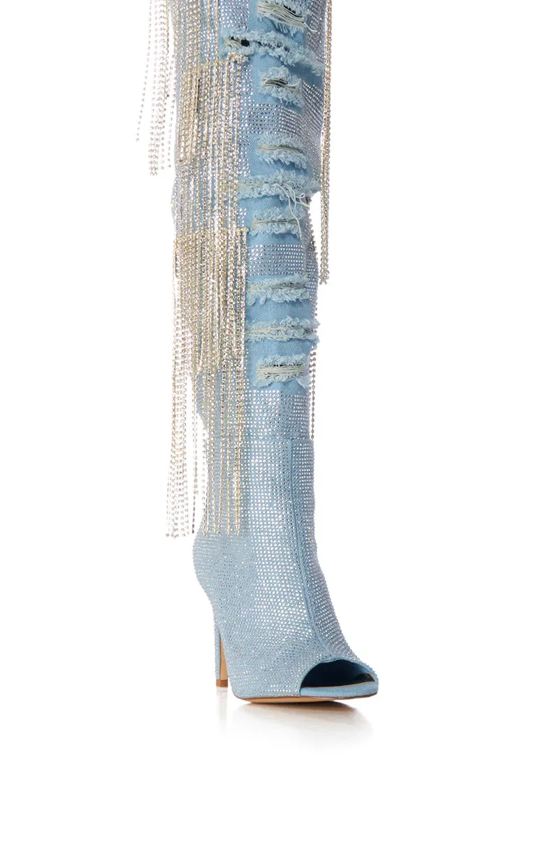 AZALEA WANG MADILYN RHINESTONE DENIM PEEP TOE BOOT