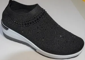 Black Crystal-Embellished Slip-On Gym Shoes With White Heel