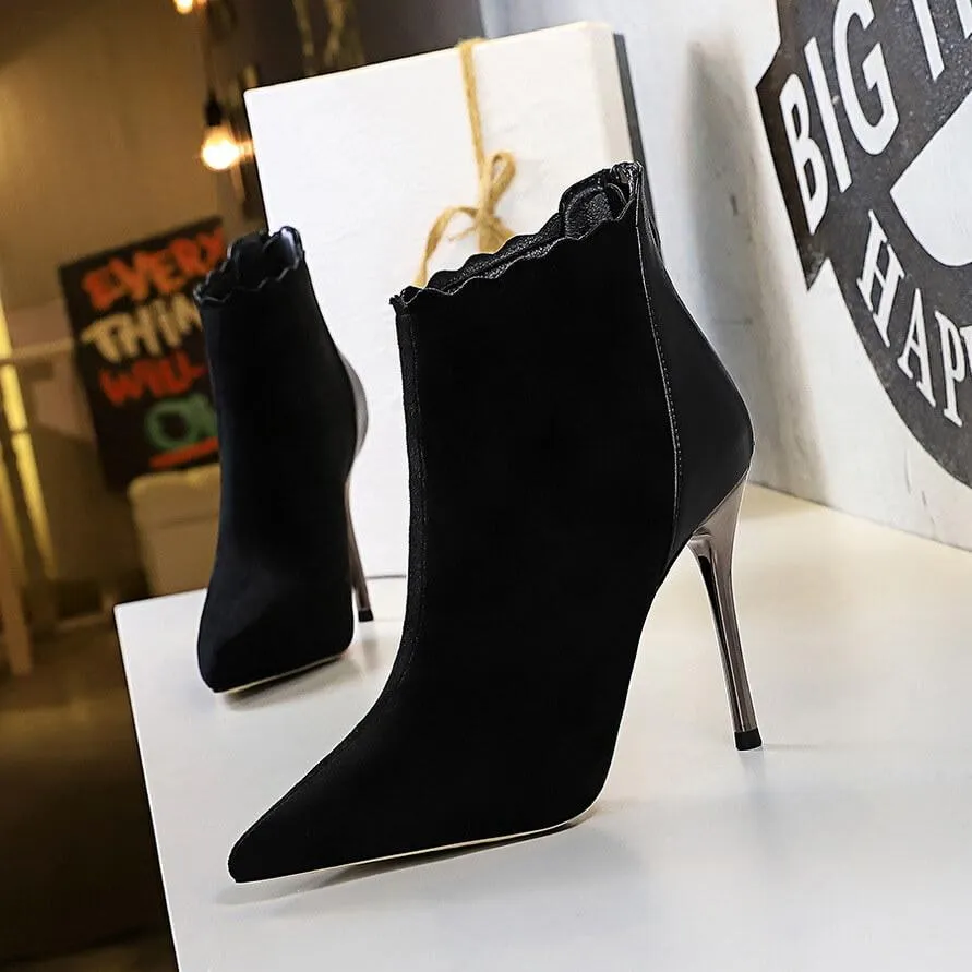 Black Suede PU Point Toe Zipper High Heel Ankle Boots