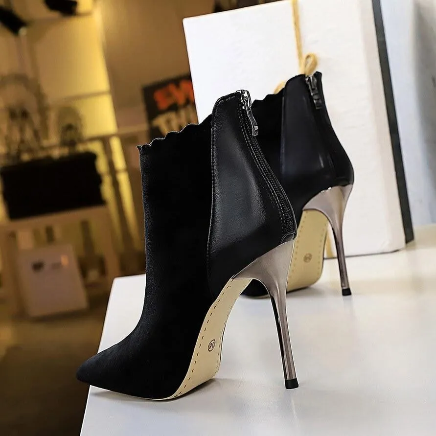 Black Suede PU Point Toe Zipper High Heel Ankle Boots