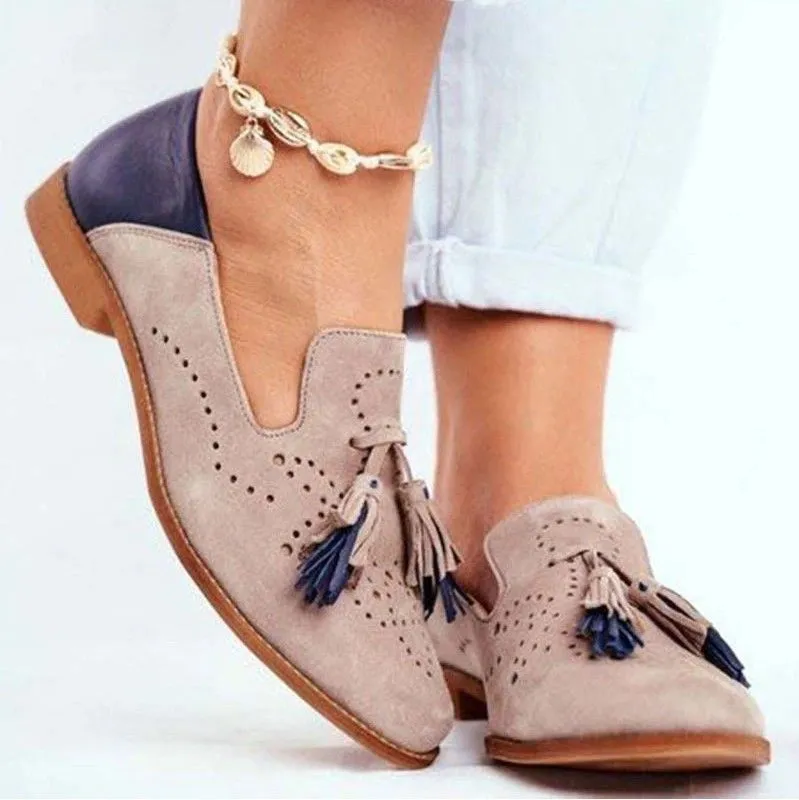 Breathable Suede Women Loafers Tassel Round Toe Leather Cushion Lazy Shoes