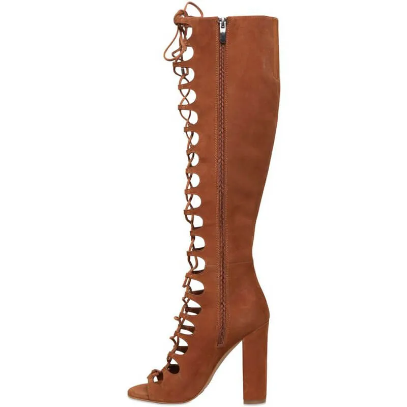 Brown Suede Cutout Zipper Open Toe Knee High Boots