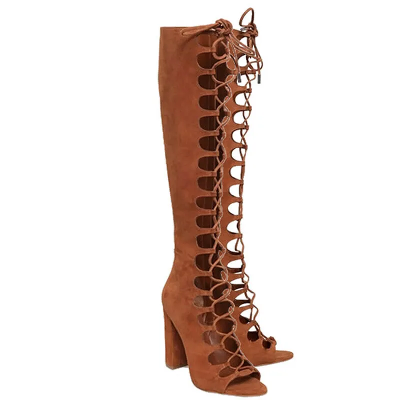 Brown Suede Cutout Zipper Open Toe Knee High Boots