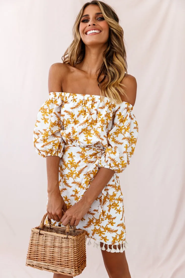 Cayman Tassel Trim Wrap Dress White/Yellow