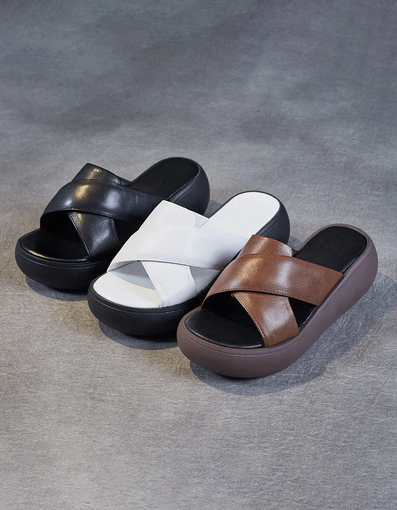 Comfortable Leather Cross Strap Wedge Slippers