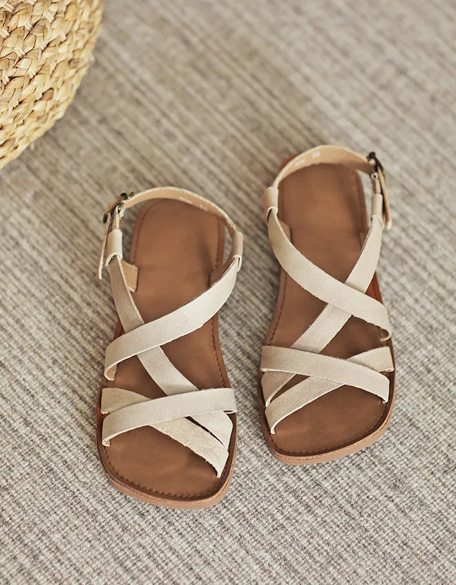 Comfortable Leather Retro Flat Sandals Slingback