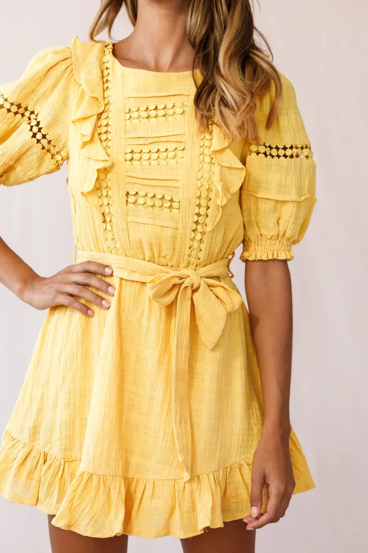 Delia Puff Sleeve Crochet Detail Dress Mustard