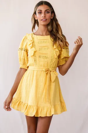 Delia Puff Sleeve Crochet Detail Dress Mustard