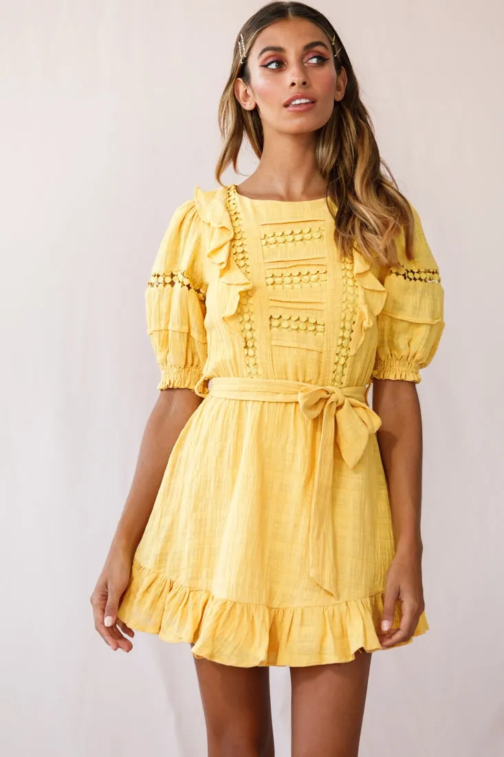 Delia Puff Sleeve Crochet Detail Dress Mustard