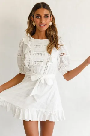 Delia Puff Sleeve Crochet Detail Dress White