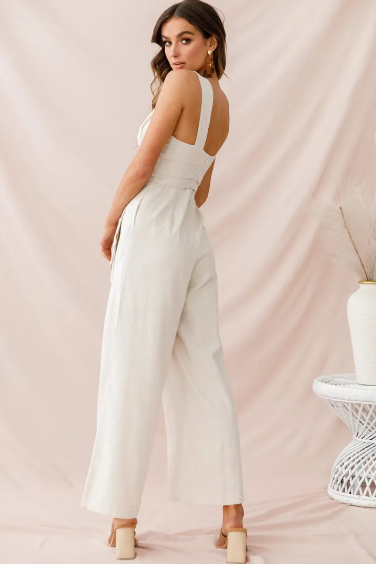 Dylan V-Neckline Wide Leg Jumpsuit Beige