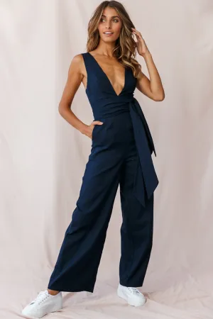 Dylan V-Neckline Wide Leg Jumpsuit Navy