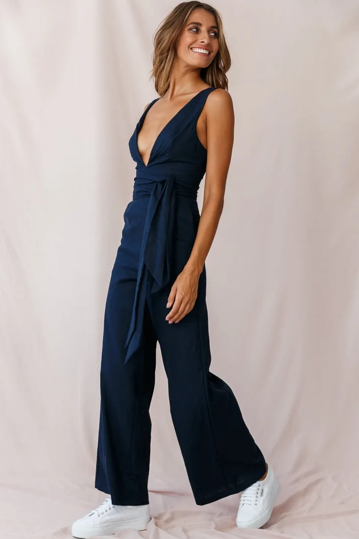 Dylan V-Neckline Wide Leg Jumpsuit Navy