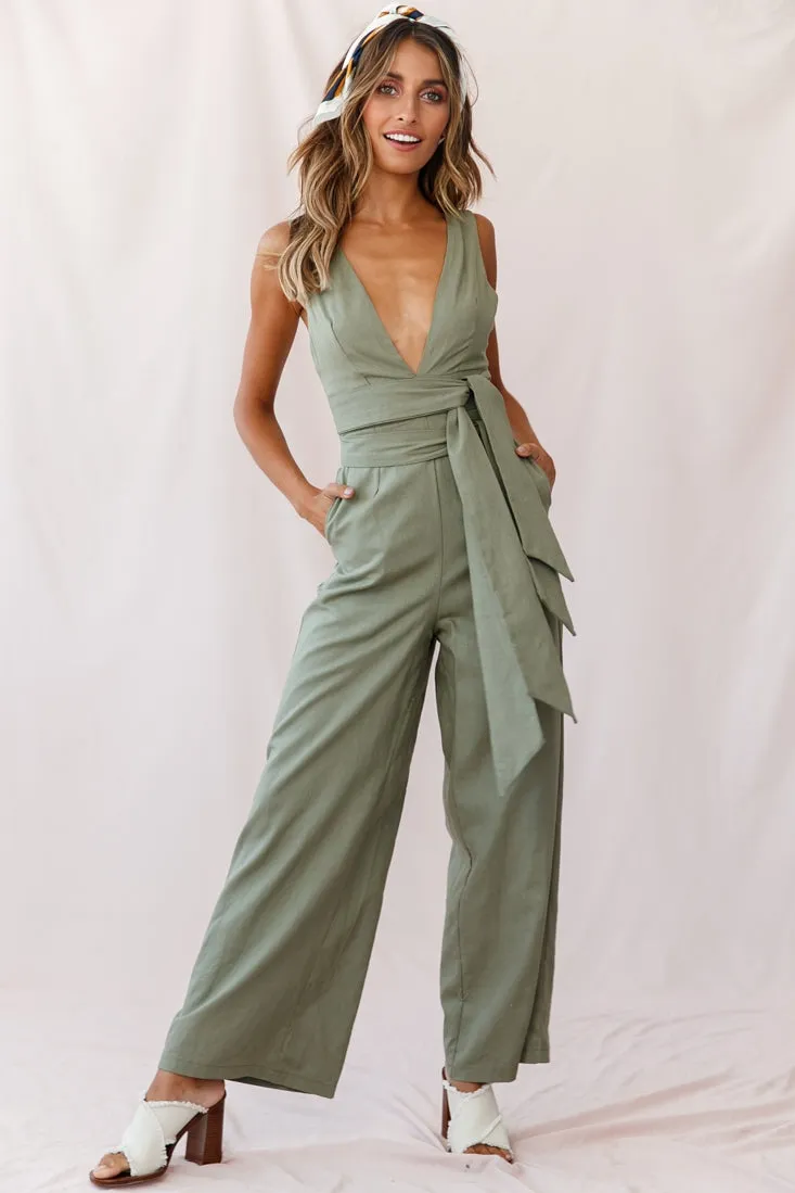 Dylan V-Neckline Wide Leg Jumpsuit Olive