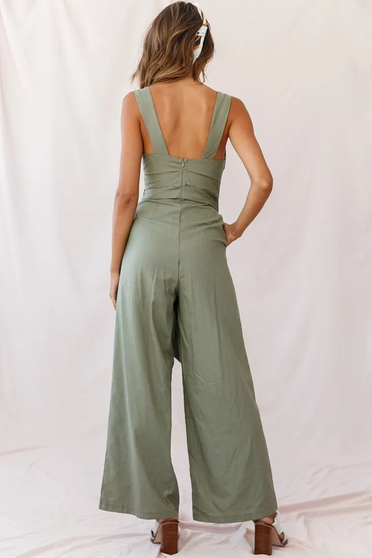 Dylan V-Neckline Wide Leg Jumpsuit Olive