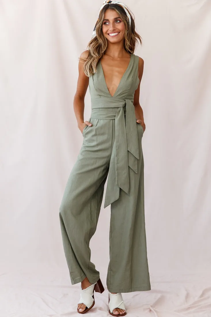 Dylan V-Neckline Wide Leg Jumpsuit Olive