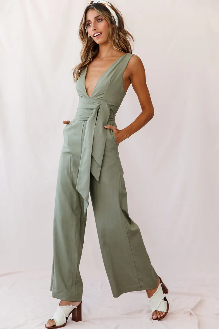 Dylan V-Neckline Wide Leg Jumpsuit Olive