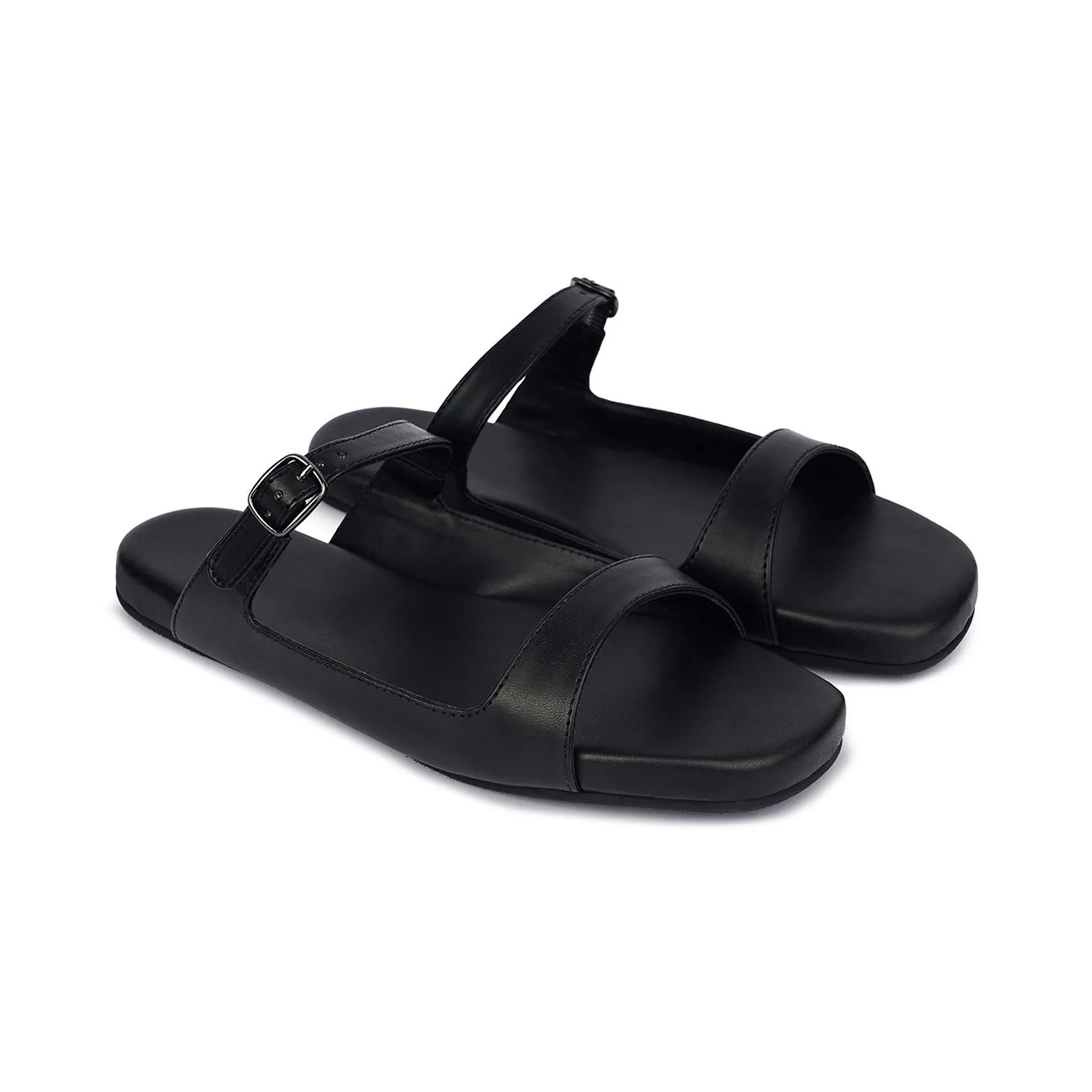 Eve Dual-Strap Vegan Leather Black Slides Women Thrift Edit