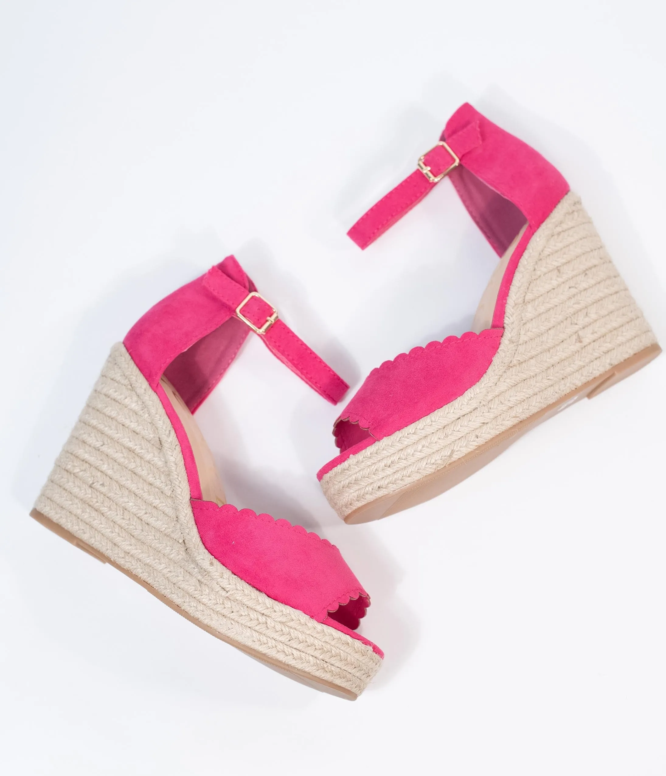 Fuchsia Suede Peep Toe Espadrille Wedges