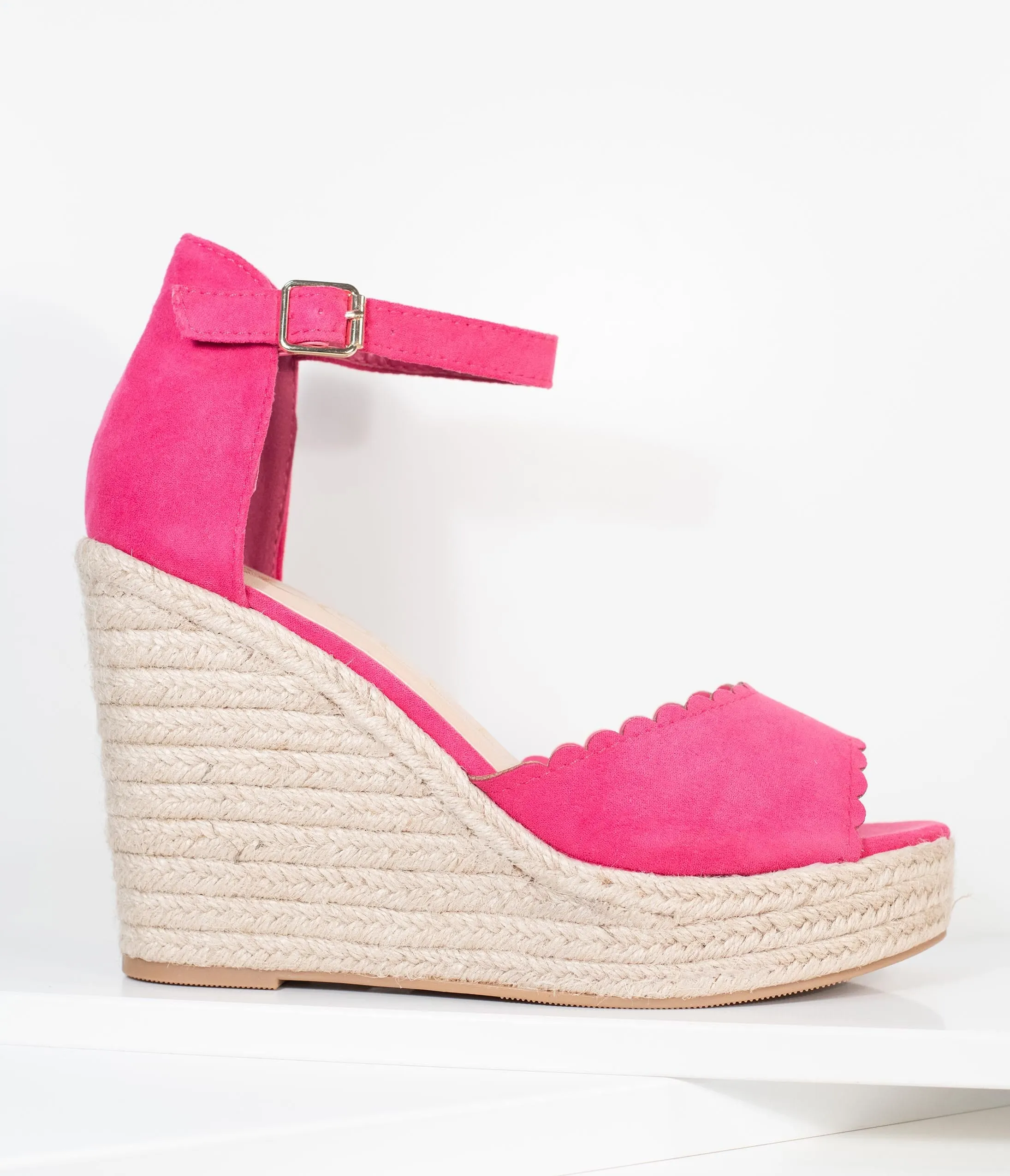 Fuchsia Suede Peep Toe Espadrille Wedges