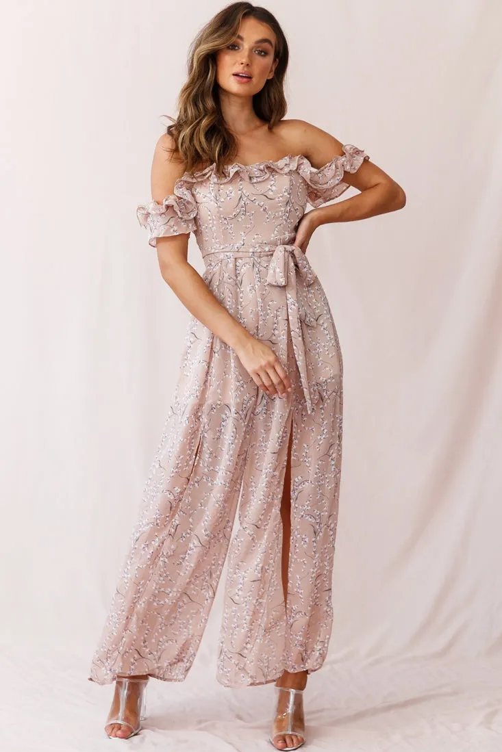 Jazz Bardot Neckline Wide Leg Split Jumpsuit Floral Print Blush