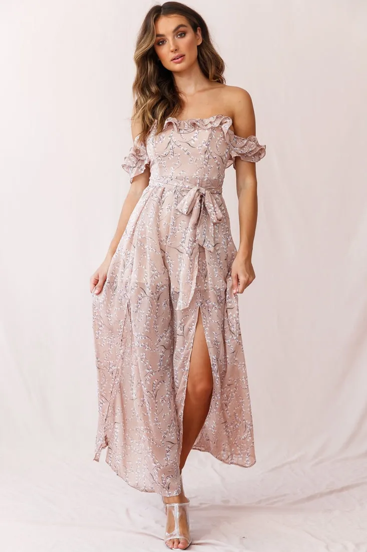 Jazz Bardot Neckline Wide Leg Split Jumpsuit Floral Print Blush