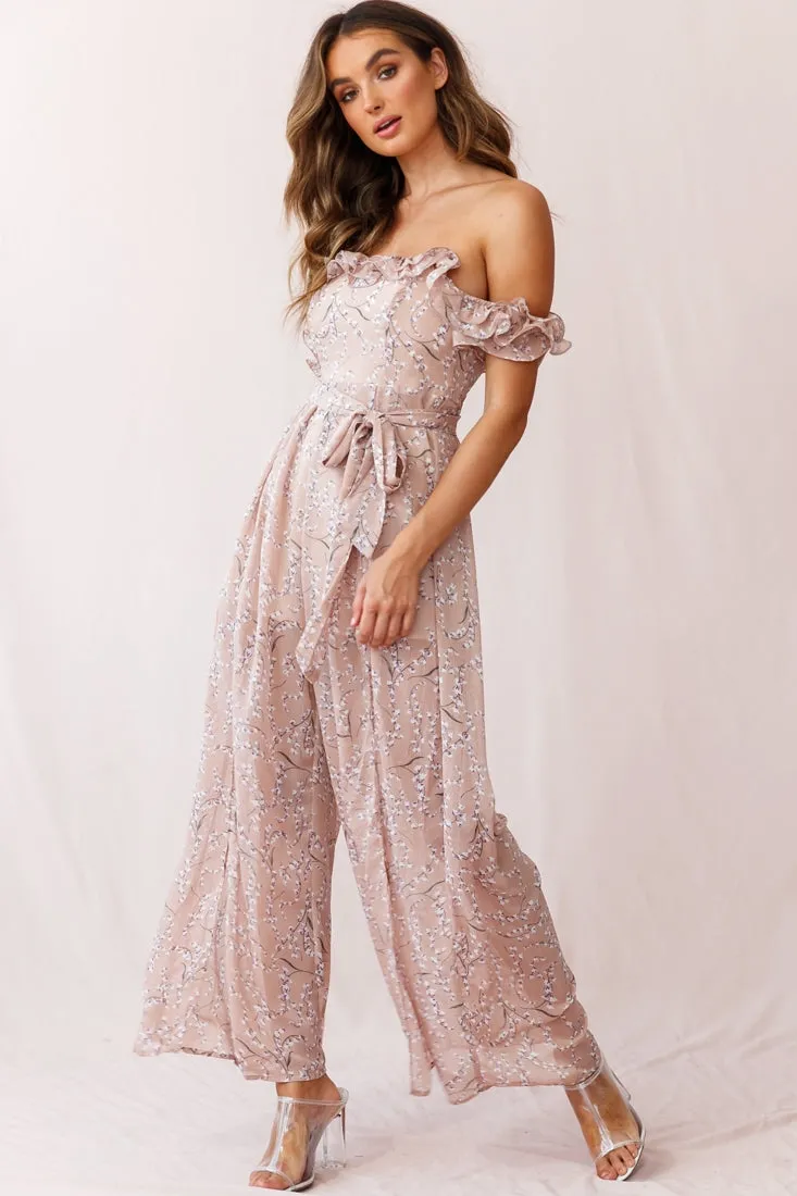 Jazz Bardot Neckline Wide Leg Split Jumpsuit Floral Print Blush