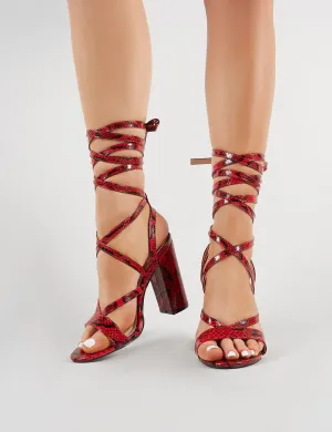 Julia Block Lace Up Heels in Red Snakeskin