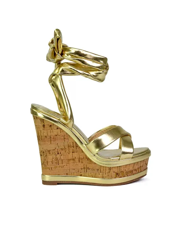 Kammie Lace Up Strappy Cork Wedge Heel Sandals Platform Shoes in Gold