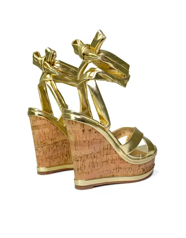 Kammie Lace Up Strappy Cork Wedge Heel Sandals Platform Shoes in Gold