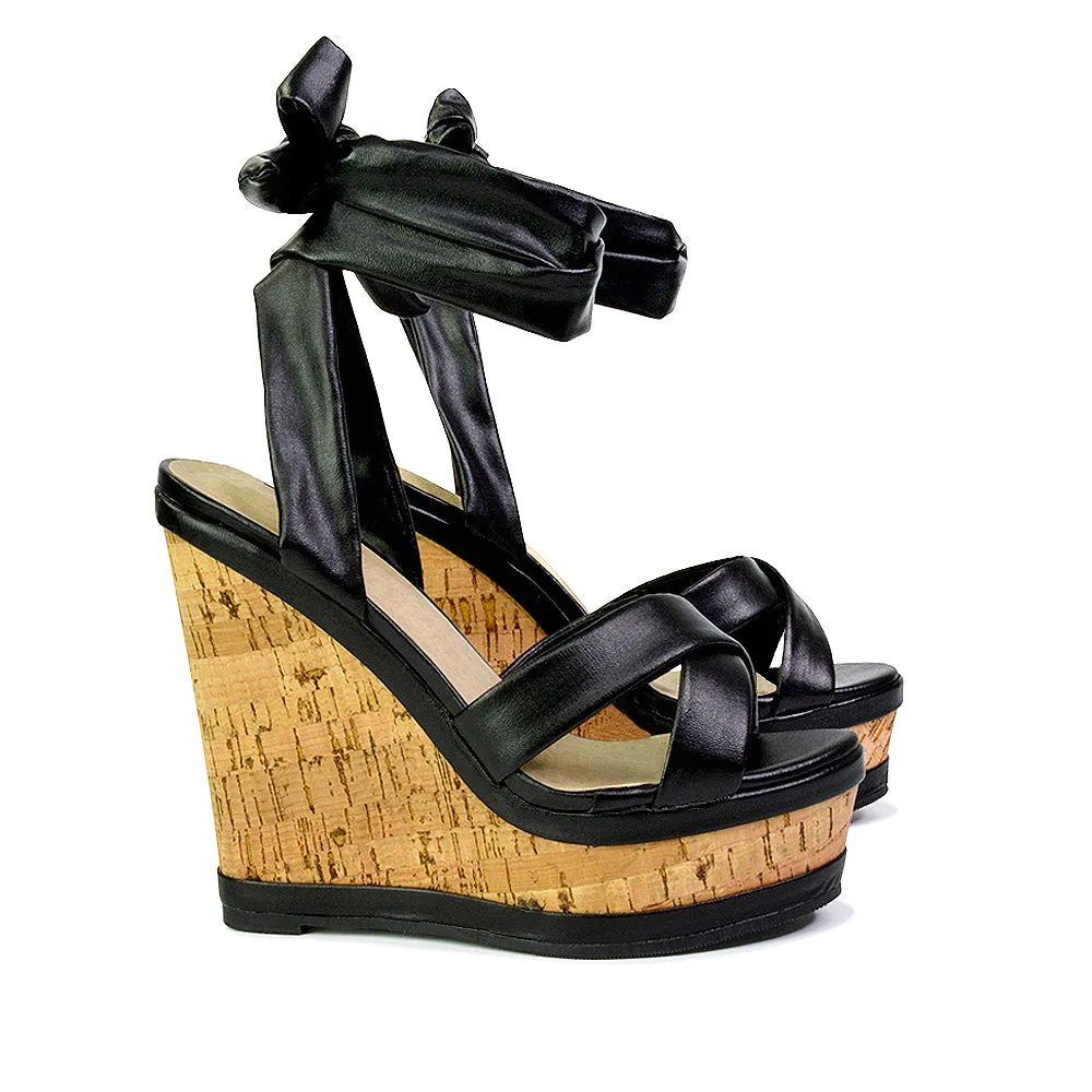 Kammie Lace Up Strappy Cork Wedge Heel Sandals Platform Shoes in Gold