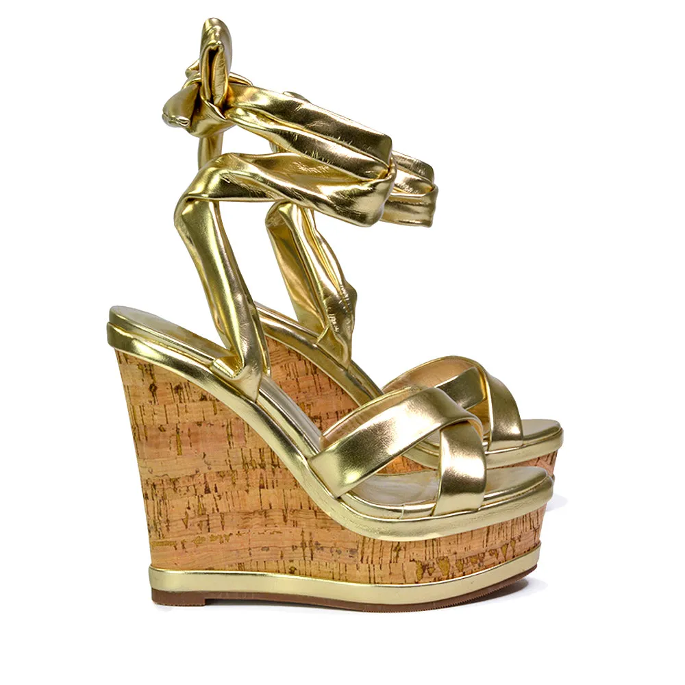 Kammie Lace Up Strappy Cork Wedge Heel Sandals Platform Shoes in Gold