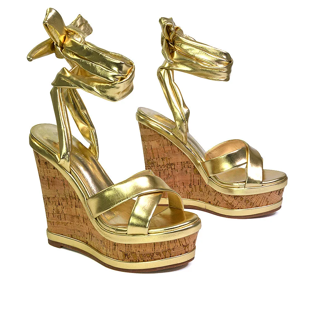 Kammie Lace Up Strappy Cork Wedge Heel Sandals Platform Shoes in Gold