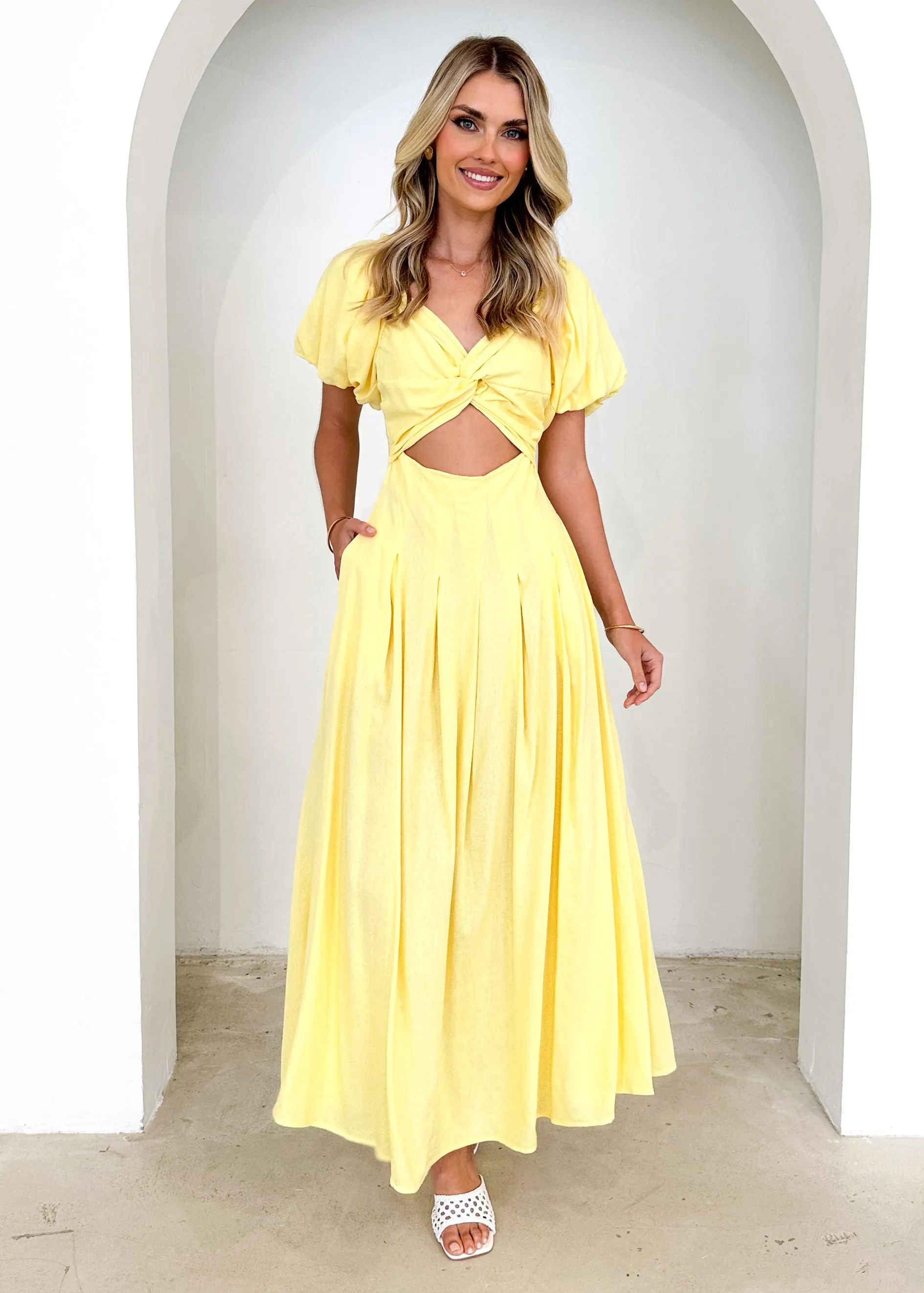 Larttie Off Shoulder Midi Dress - Lemon