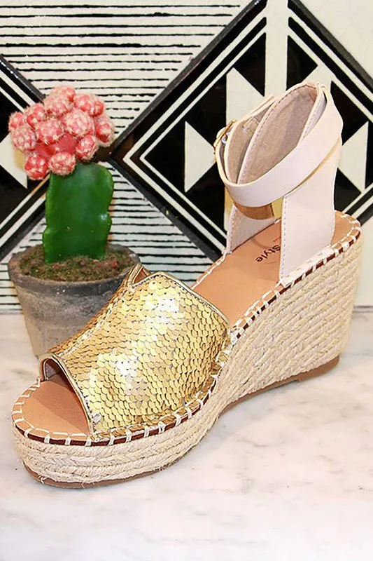 Matte Gold Platform Wedge Espadrille Heels