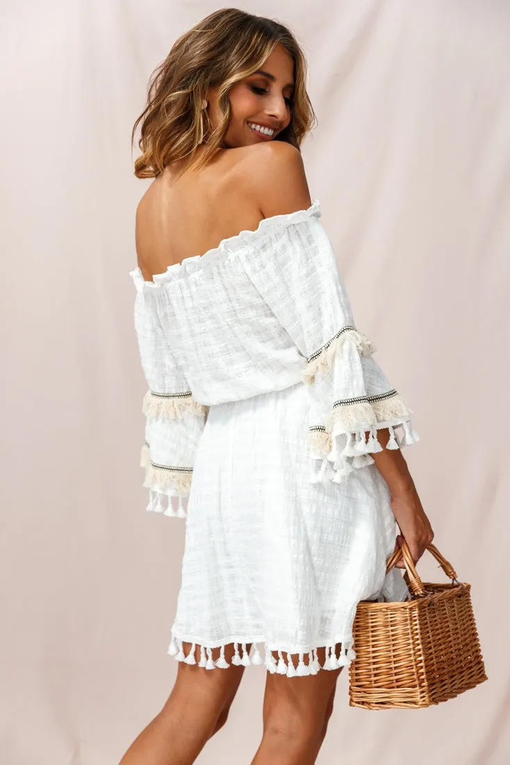 Maya Off-Shoulder Lined Tassel Dress White