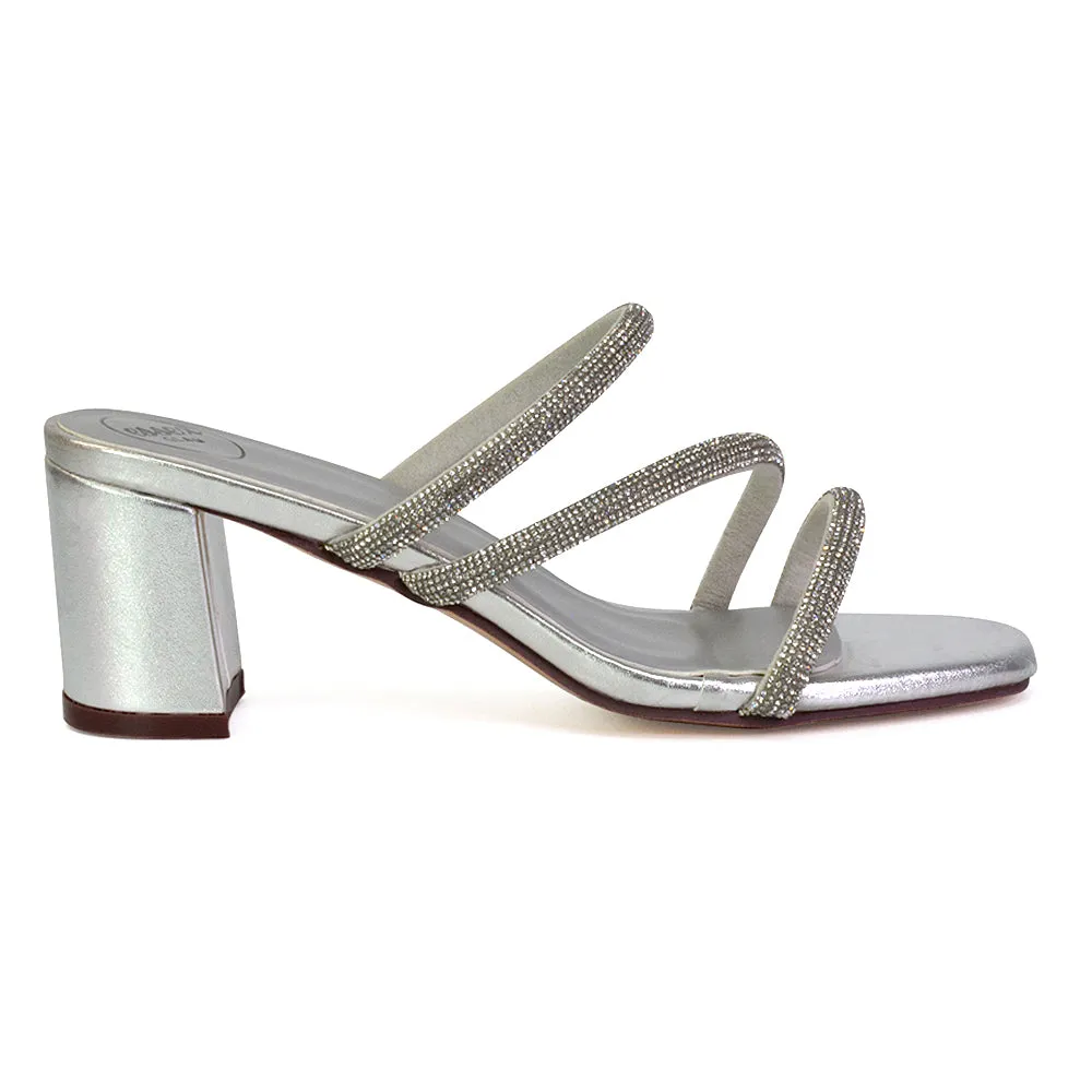 Mckenna Diamante Strappy Square Toe Block High Heel Mules in Silver