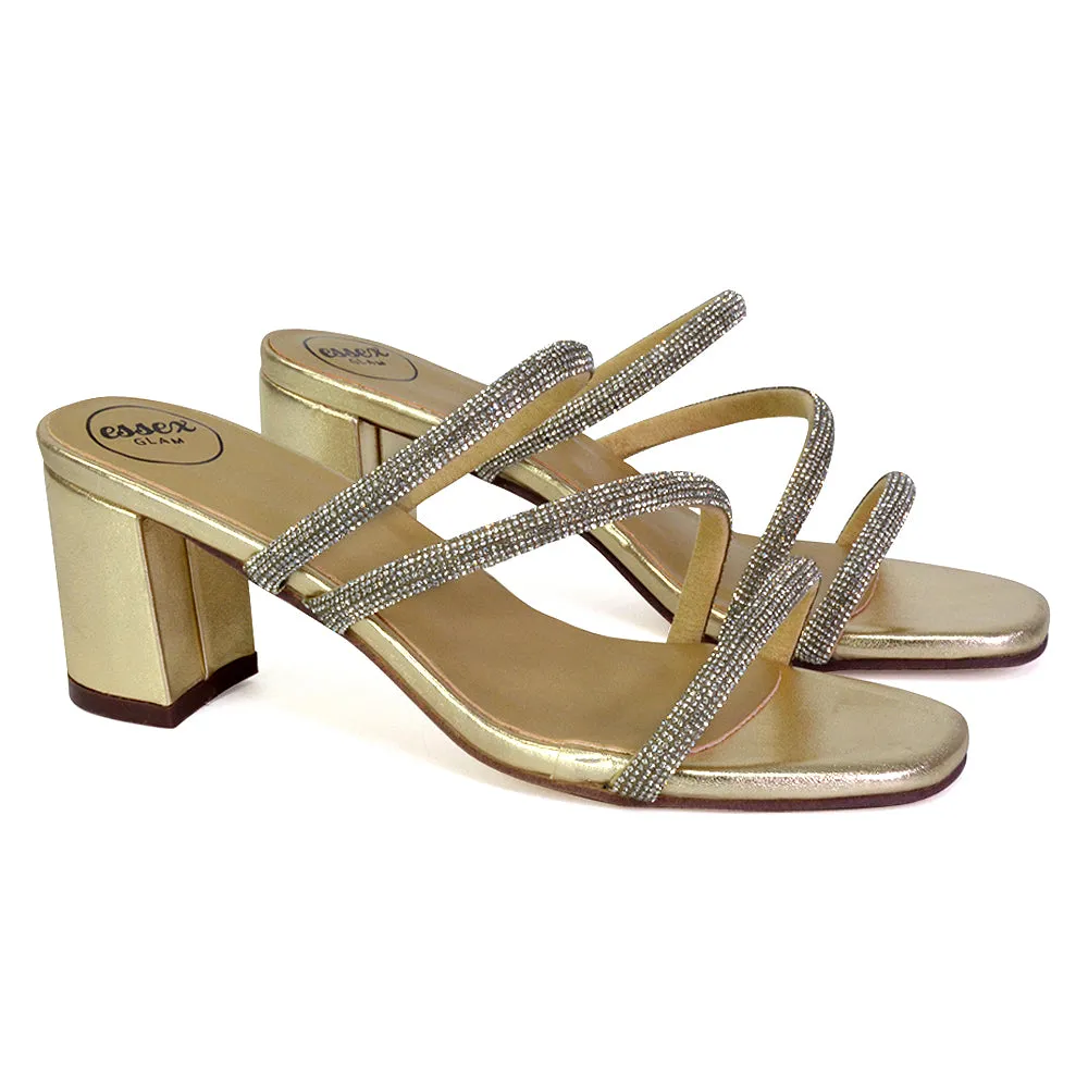 Mckenna Diamante Strappy Square Toe Block High Heel Mules in Silver