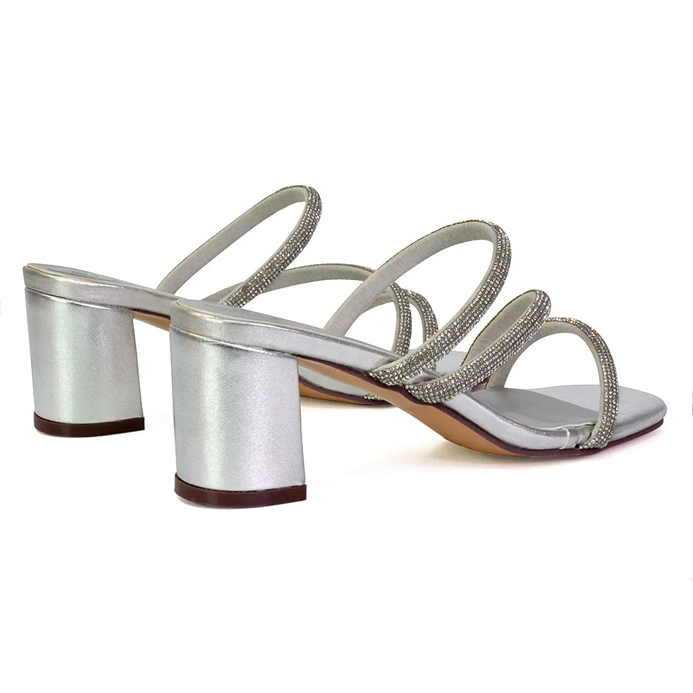 Mckenna Diamante Strappy Square Toe Block High Heel Mules in Silver