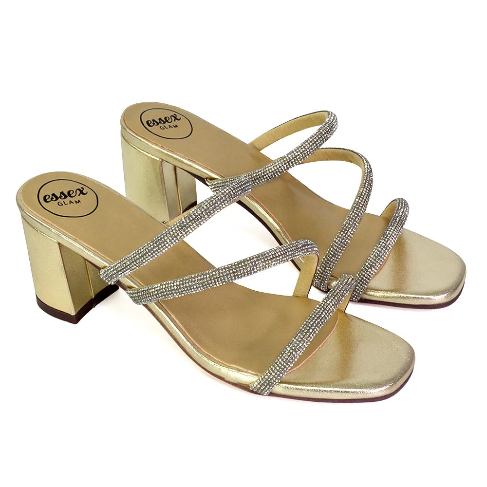 Mckenna Diamante Strappy Square Toe Block High Heel Mules in Silver