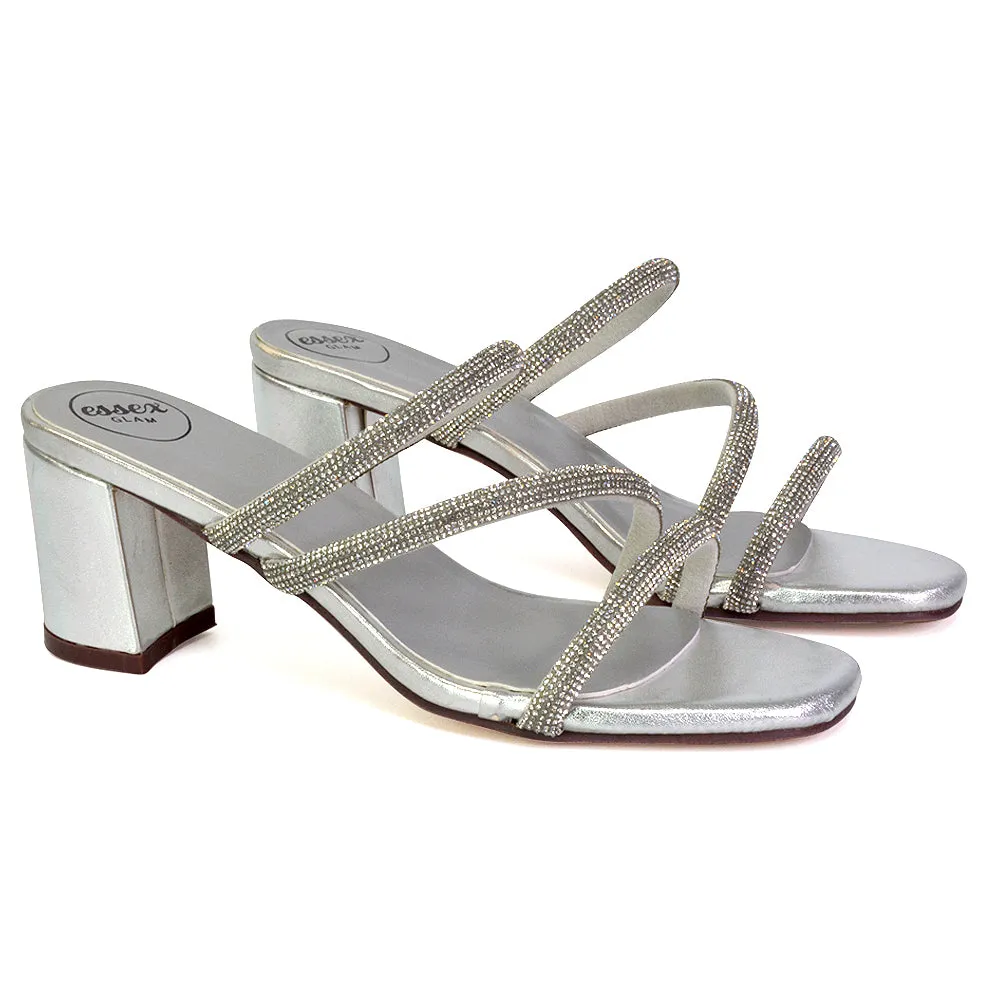 Mckenna Diamante Strappy Square Toe Block High Heel Mules in Silver