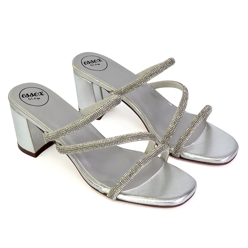 Mckenna Diamante Strappy Square Toe Block High Heel Mules in Silver