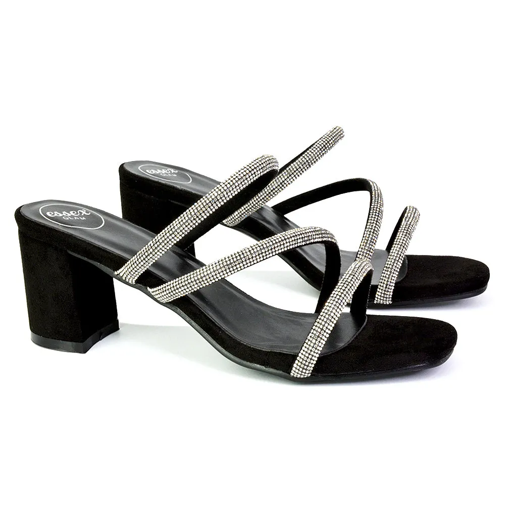 Mckenna Diamante Strappy Square Toe Block High Heel Mules in Silver