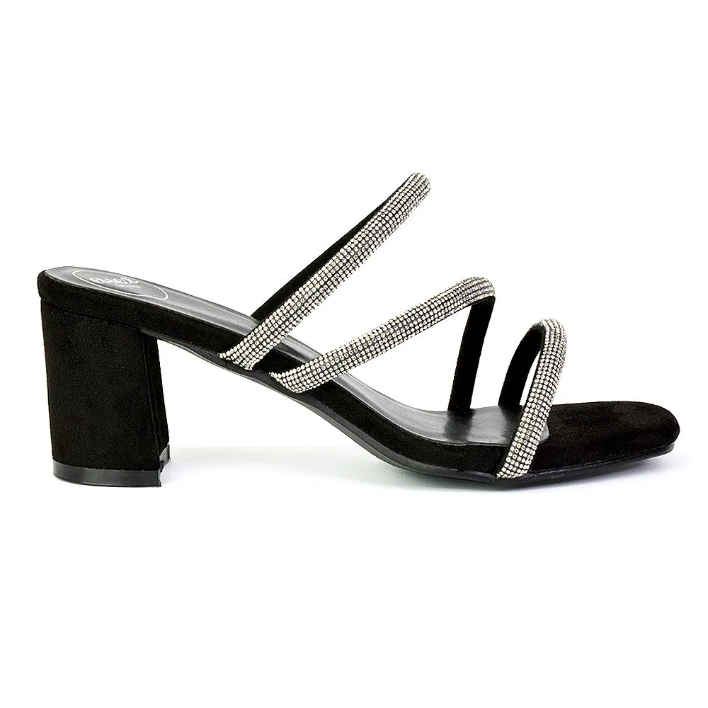 Mckenna Diamante Strappy Square Toe Block High Heel Mules in Silver