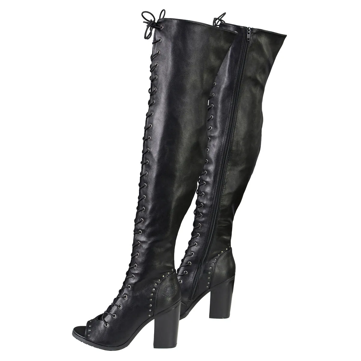 Milwaukee Leather MBL9421 Women's Black Lace-Up Knee-High Fashion Casual Boots with Open Toe