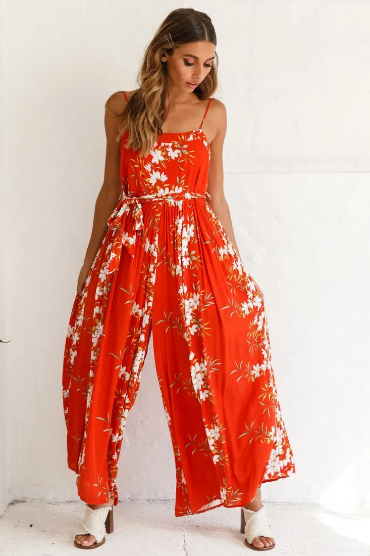 Morgan Square Neckline Wide-Leg Jumpsuit Floral Print Rust