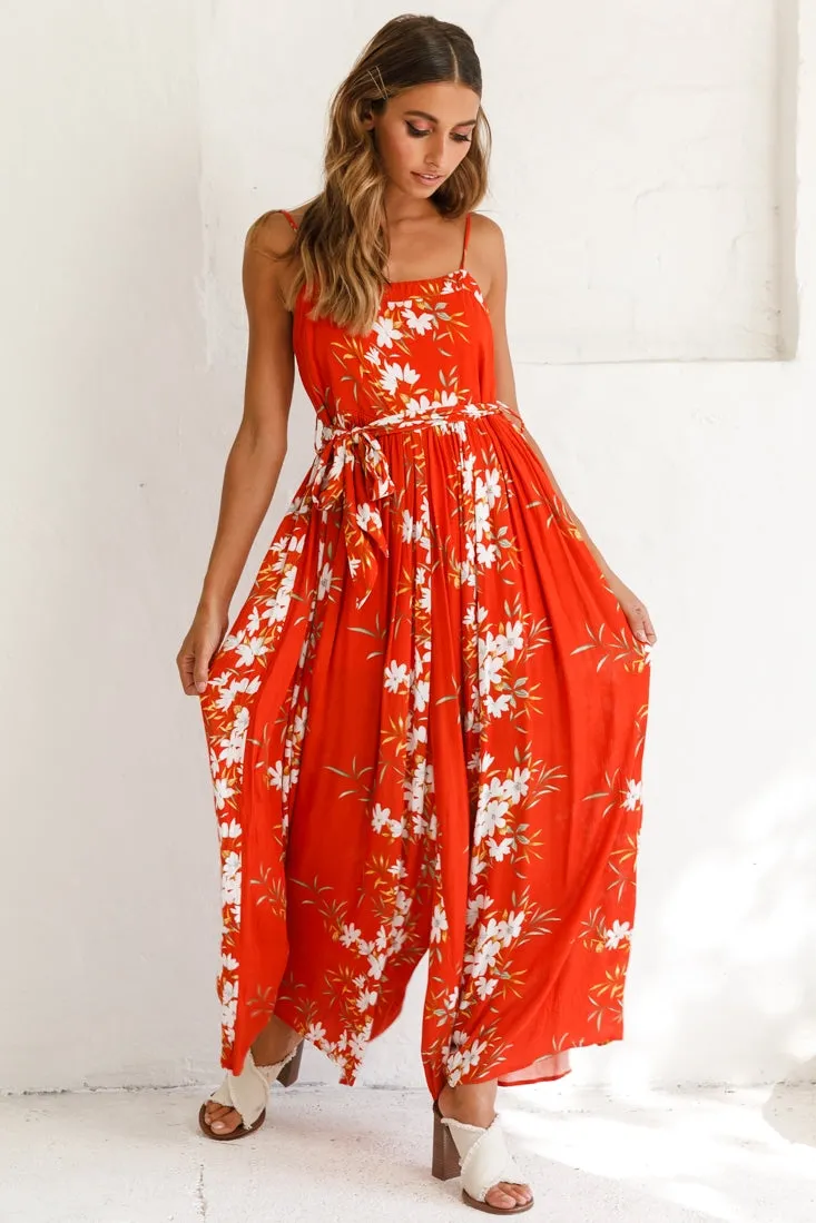 Morgan Square Neckline Wide-Leg Jumpsuit Floral Print Rust