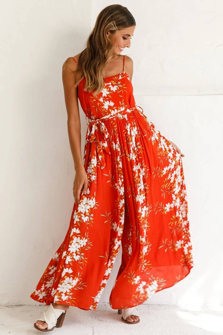 Morgan Square Neckline Wide-Leg Jumpsuit Floral Print Rust